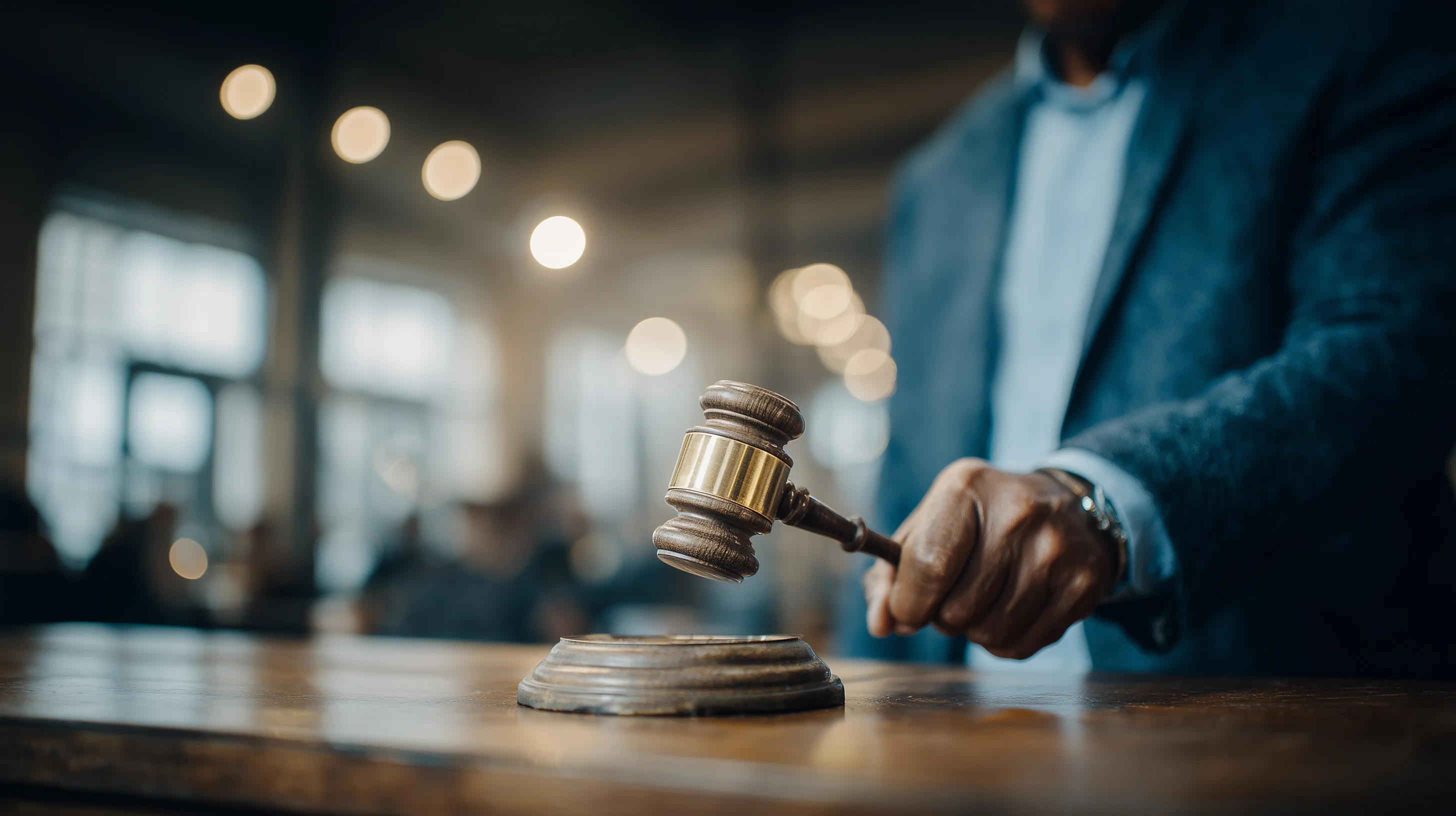 close up of a man's hand striking a gavel on a table